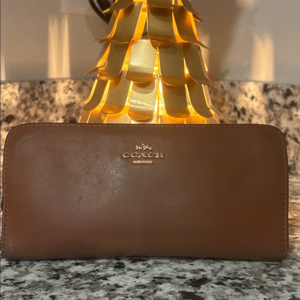 Coach Tan Leather Clutch Wallet Large Capacity Card Organizer